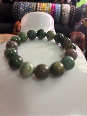 Green Natural Stone Bead Bracelet - Moss Agate 12mm